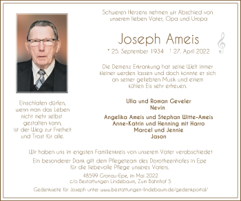 Anzeige von Joseph Ameis 