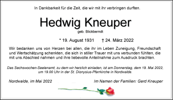 Anzeige von Hedwig Kneuper 