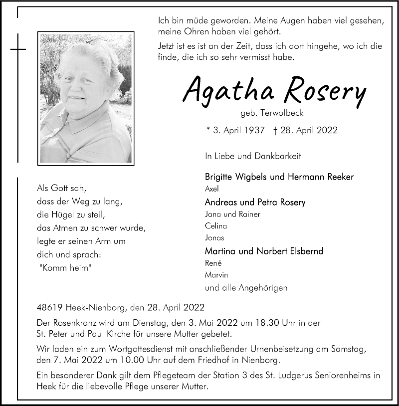  Traueranzeige für Agatha Rosery vom 02.05.2022 aus 
