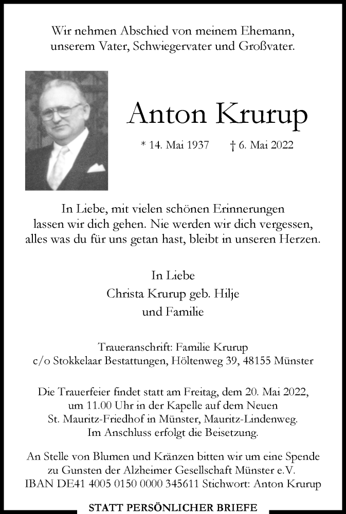  Traueranzeige für Anton Krurup vom 14.05.2022 aus 