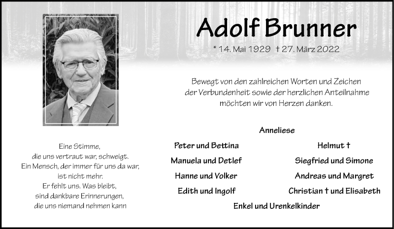  Traueranzeige für Adolf Brunner vom 07.05.2022 aus 