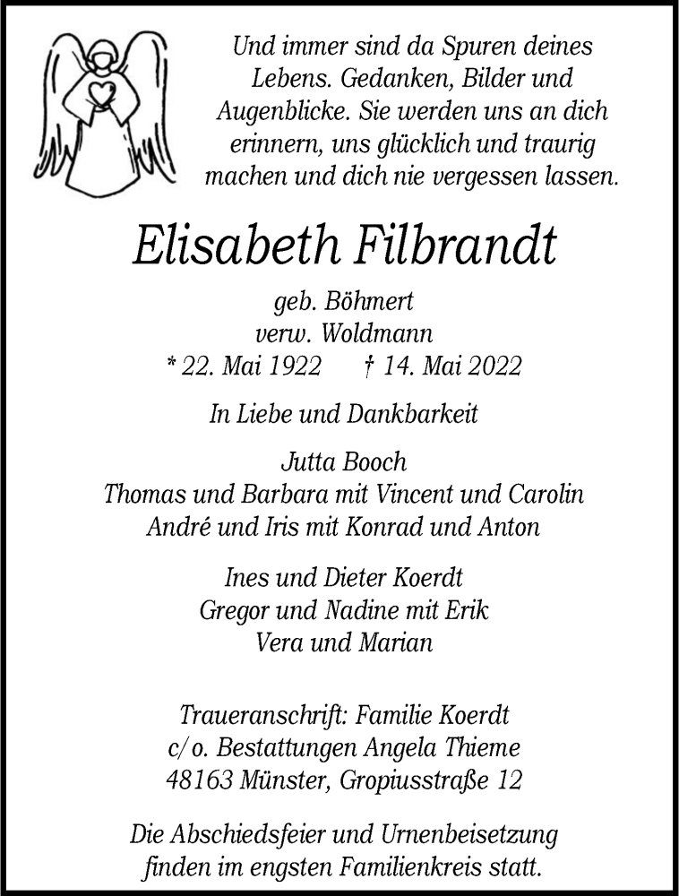  Traueranzeige für Elisabeth Filbrandt vom 21.05.2022 aus 