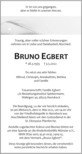 Anzeige von Bruno Egbert 