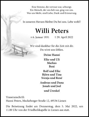 Anzeige von Willi Peters 
