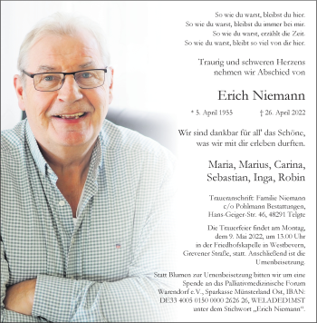 Anzeige von Erich Niemann 