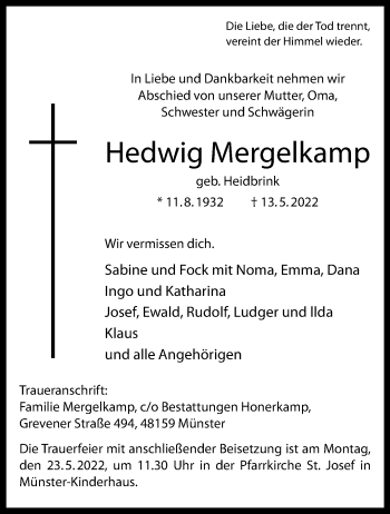 Anzeige von Hedwig Mergelkamp 