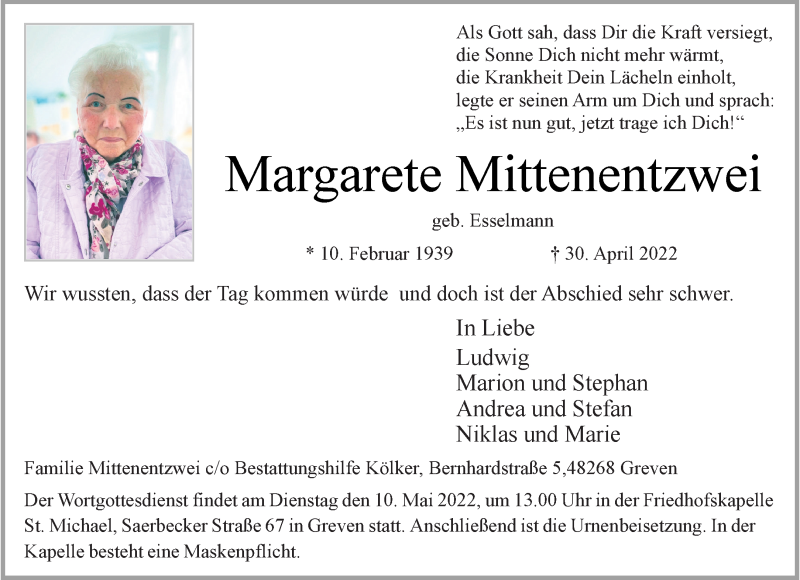  Traueranzeige für Margarete Mittenentzwei vom 07.05.2022 aus 