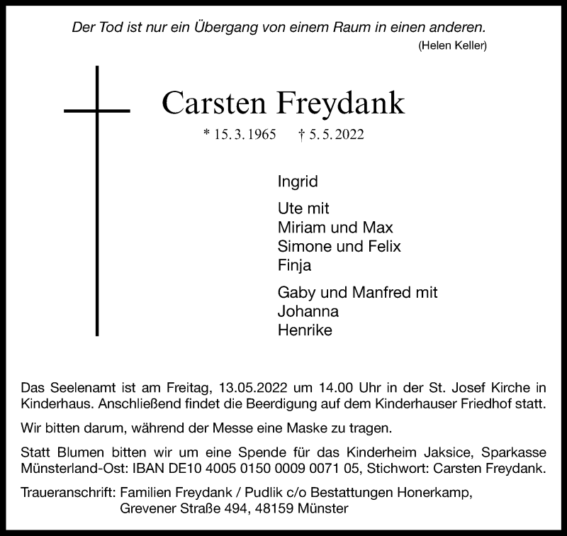  Traueranzeige für Carsten Freydank vom 07.05.2022 aus 