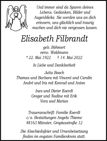 Anzeige von Elisabeth Filbrandt 