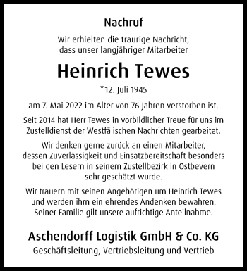 Anzeige von Heinrich Tewes 