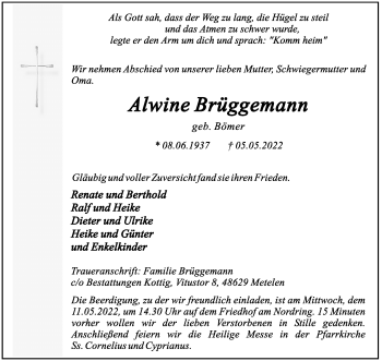 Anzeige von Alwine Brüggemann 