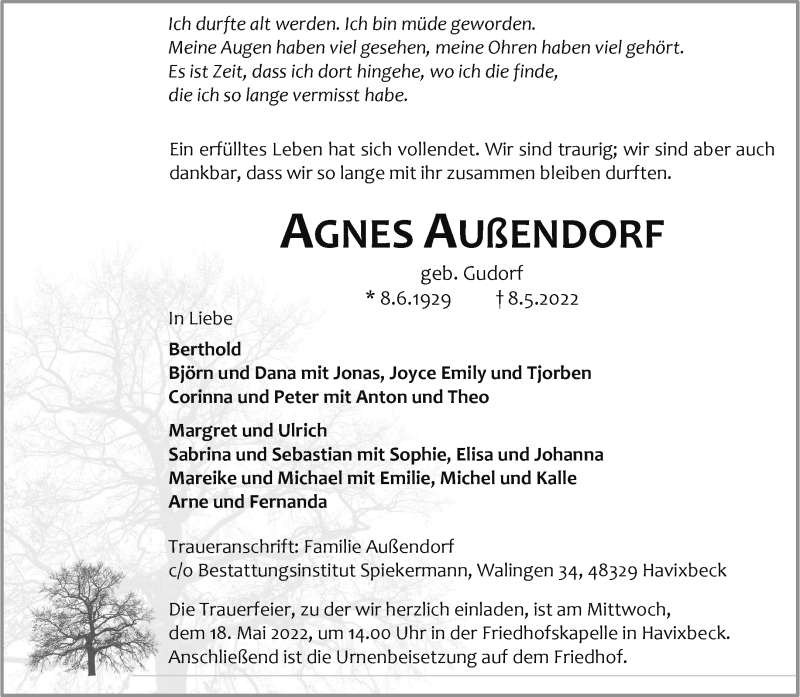  Traueranzeige für AGNES AUßENDORF vom 14.05.2022 aus 