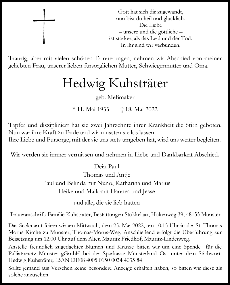  Traueranzeige für Hedwig Kuhsträter vom 21.05.2022 aus 