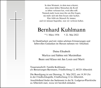 Anzeige von Bernhard Kuhlmann 