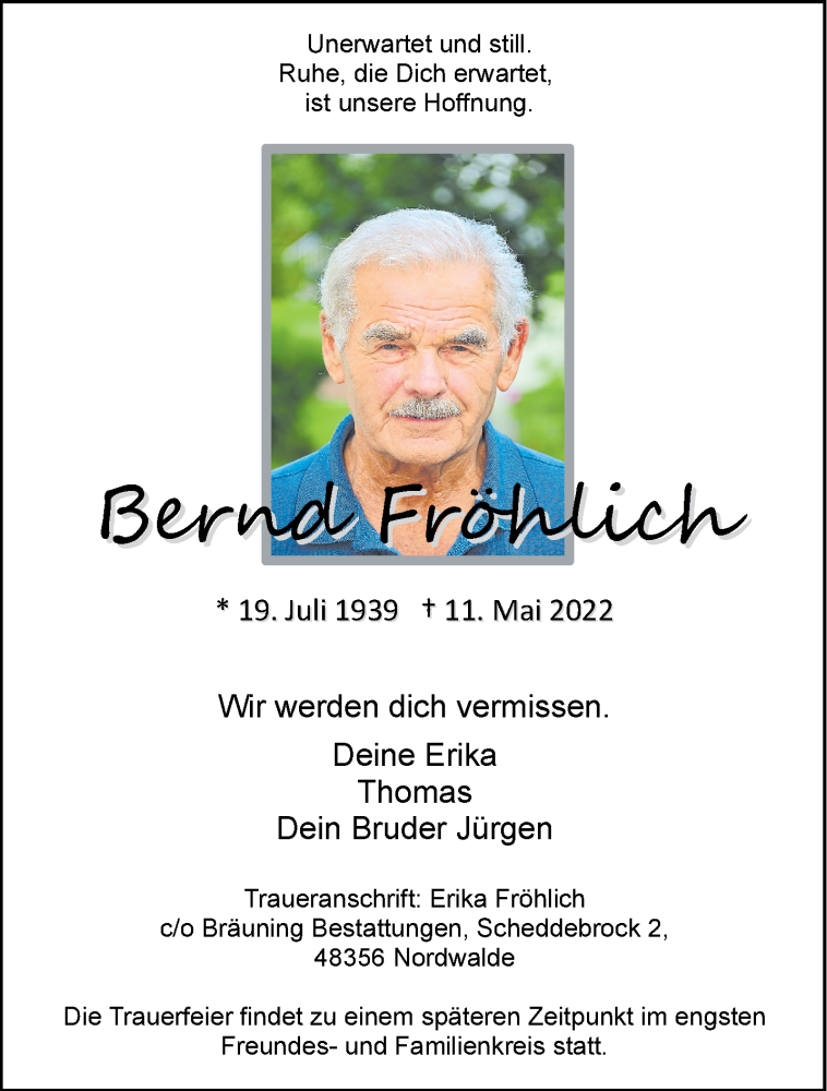  Traueranzeige für Bernd Fröhlich vom 14.05.2022 aus 
