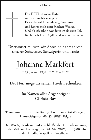 Anzeige von Johanna Markfort 