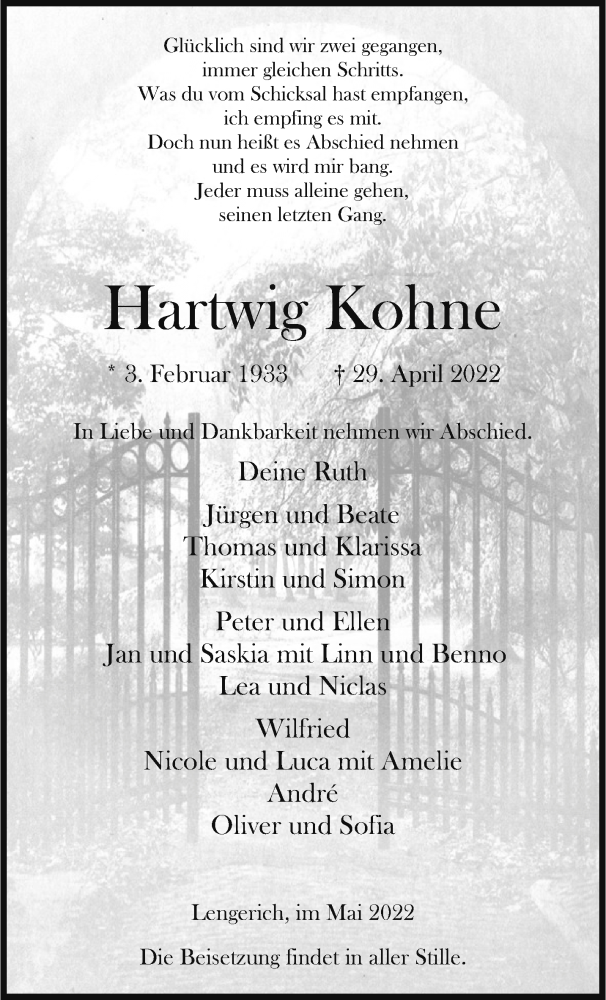  Traueranzeige für Hartwig Kohne vom 07.05.2022 aus 