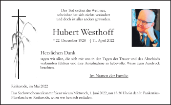 Anzeige von Hubert Westhoff 