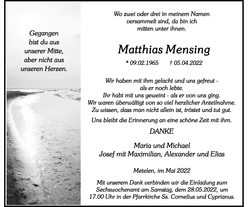  Traueranzeige für Matthias Mensing vom 26.05.2022 aus 