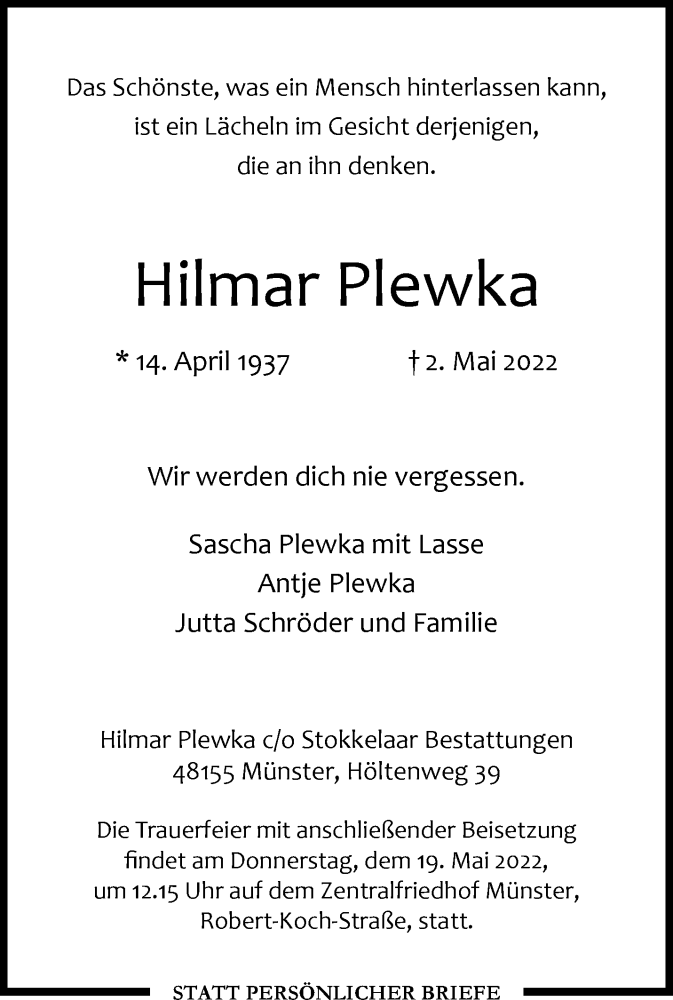  Traueranzeige für Hilmar Plewka vom 14.05.2022 aus 