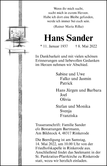 Anzeige von Hans Sander 