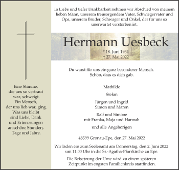 Anzeige von Hermann Uesbeck 