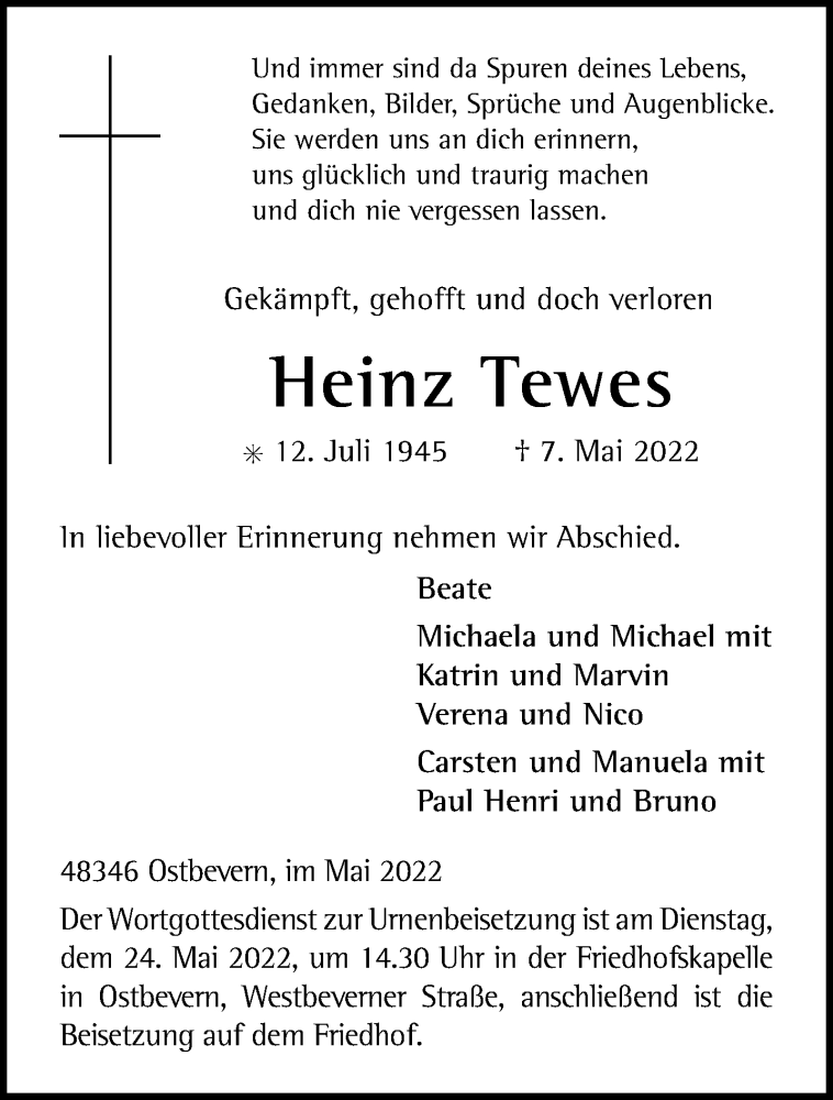  Traueranzeige für Heinz Tewes vom 18.05.2022 aus 