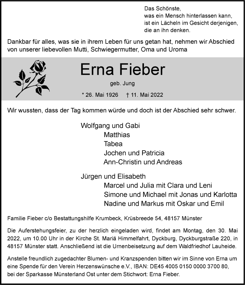  Traueranzeige für Erna Fieber vom 21.05.2022 aus 