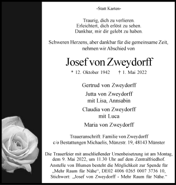 Anzeige von Josef von Zweydorff 