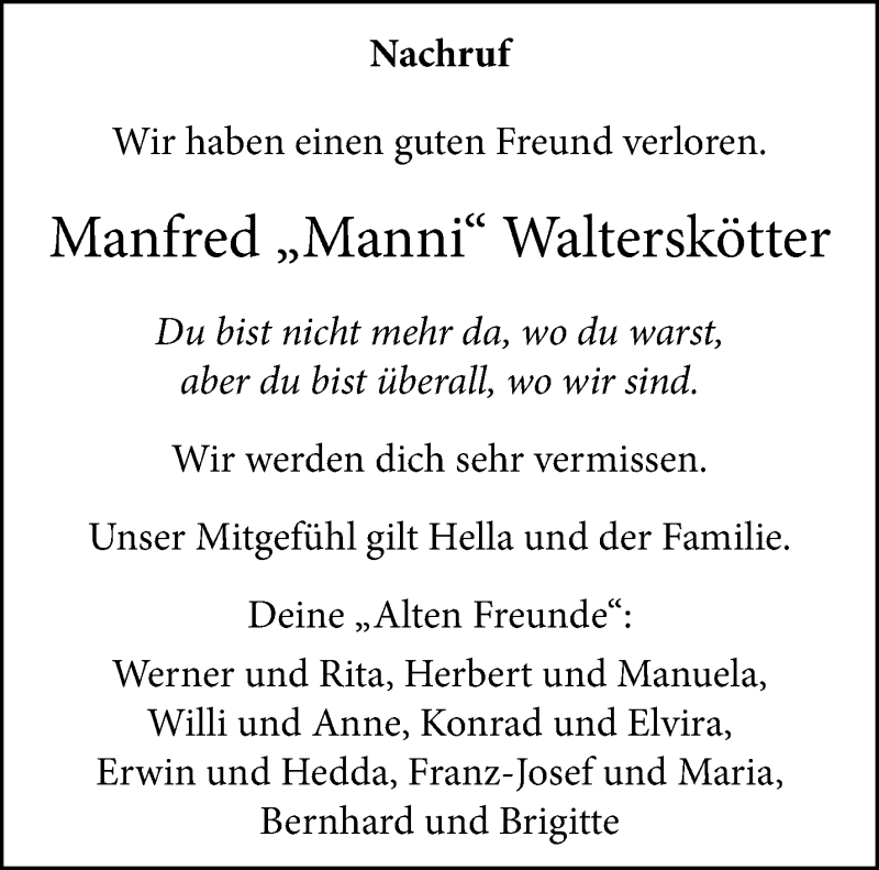  Traueranzeige für Manfred Walterskötter vom 18.05.2022 aus 