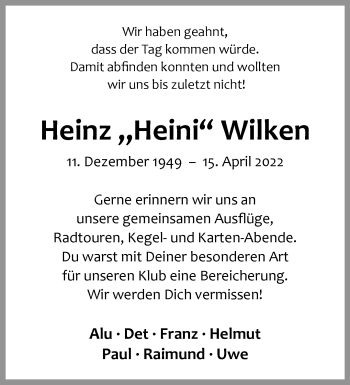 Anzeige von Heinz Wilken 