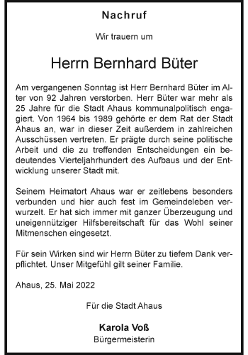 Anzeige von Bernhard Büter 
