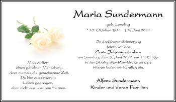 Anzeige von Maria Sundermann 