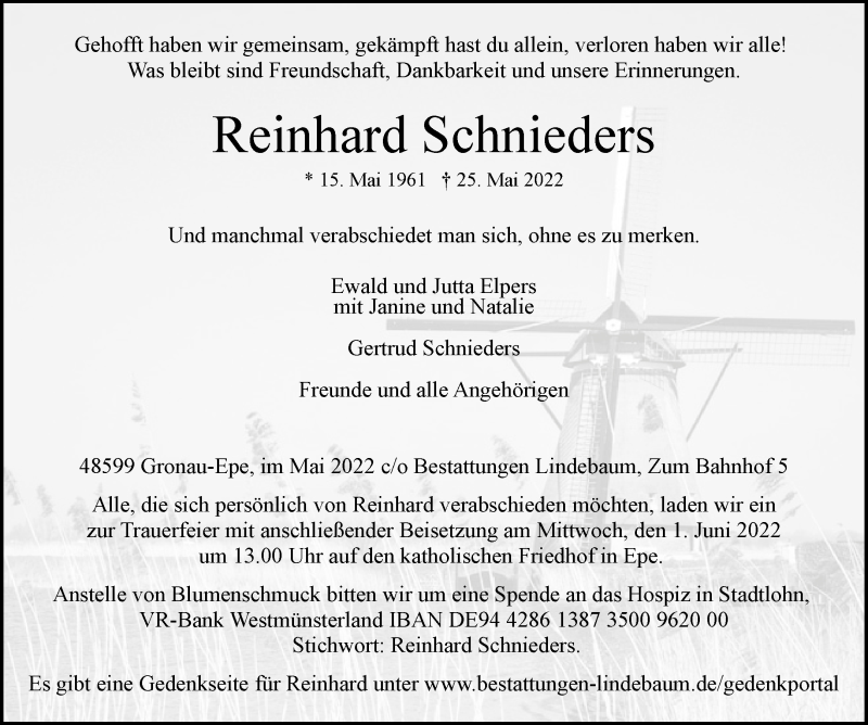  Traueranzeige für Reinhard Schnieders vom 31.05.2022 aus 
