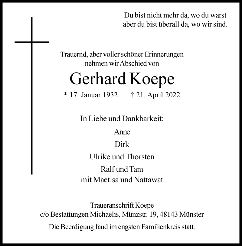  Traueranzeige für Gerhard Koepe vom 07.05.2022 aus 