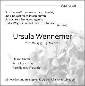 Anzeige von Ursula Wennemer 