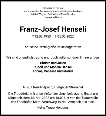 Anzeige von Franz-Josef Henseli 