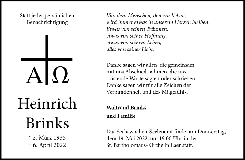  Traueranzeige für Heinrich Brinks vom 14.05.2022 aus 