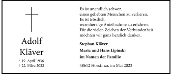 Anzeige von Adolf Kläver 