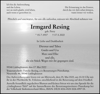 Anzeige von Irmgard Resing 