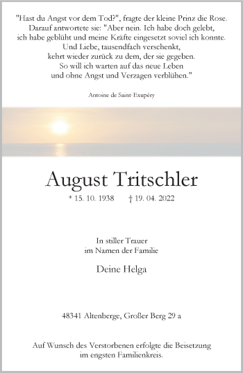 Anzeige von August Tritschler 