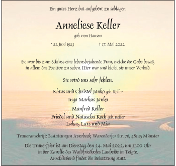Anzeige von Anneliese Keller 