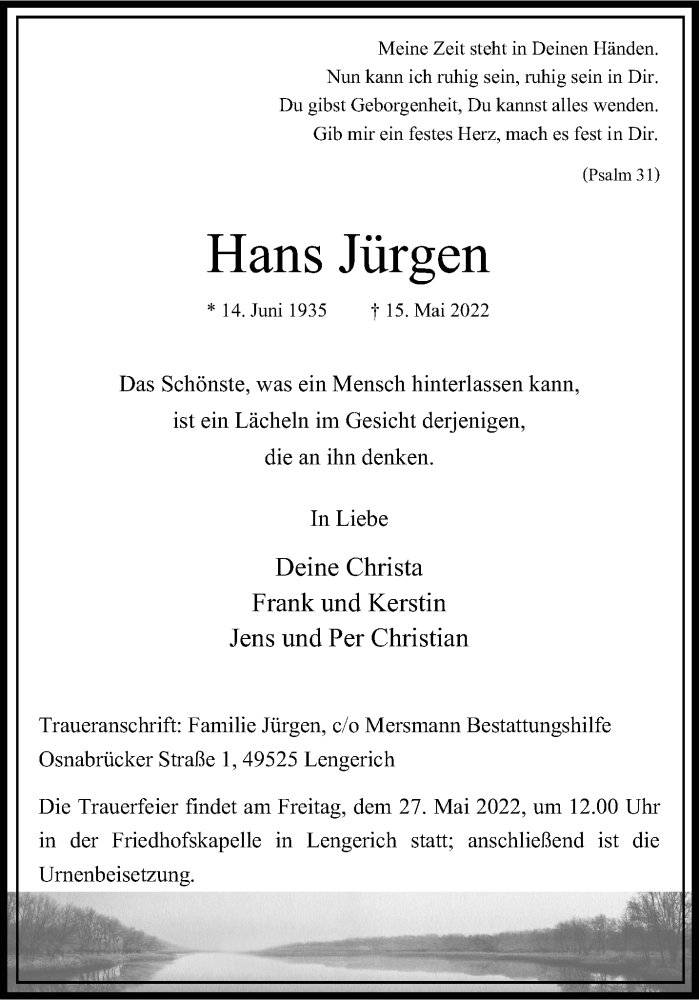  Traueranzeige für Hans Jürgen vom 25.05.2022 aus 