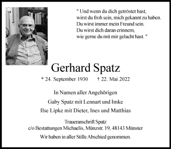 Anzeige von Gerhard Spatz 