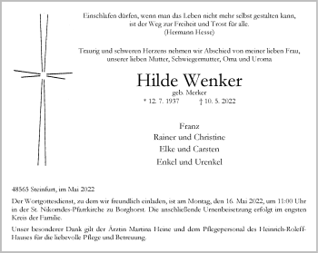 Anzeige von Hilde Wenker 