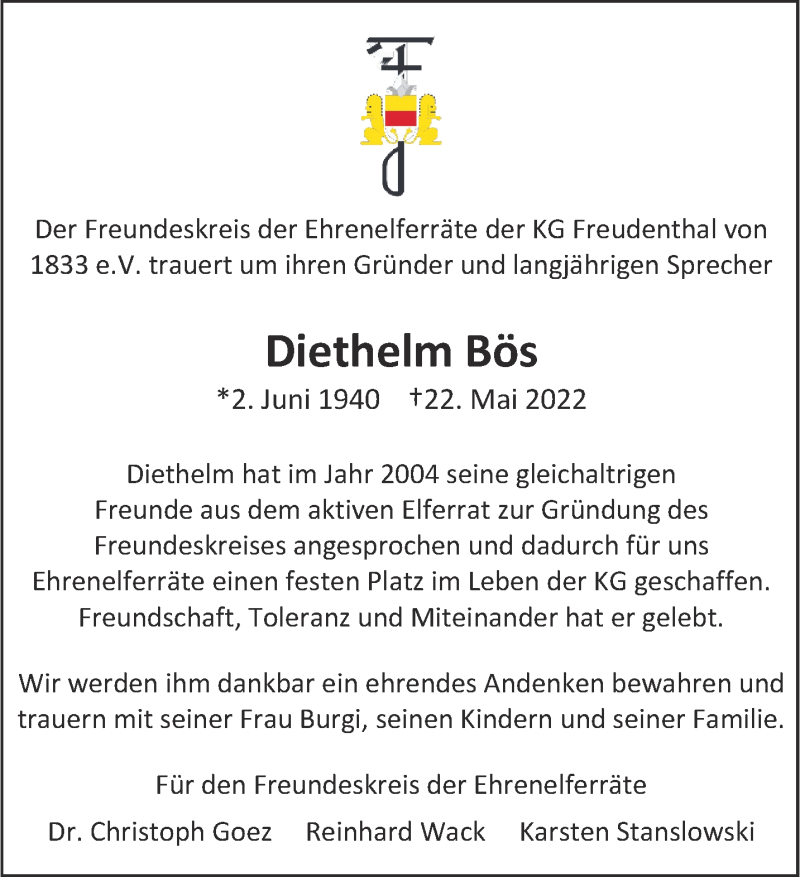  Traueranzeige für Diethelm Bös vom 28.05.2022 aus 