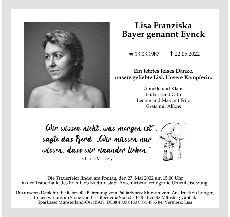  Traueranzeige für Lisa Franziska Bayer-Eynck vom 25.05.2022 aus 