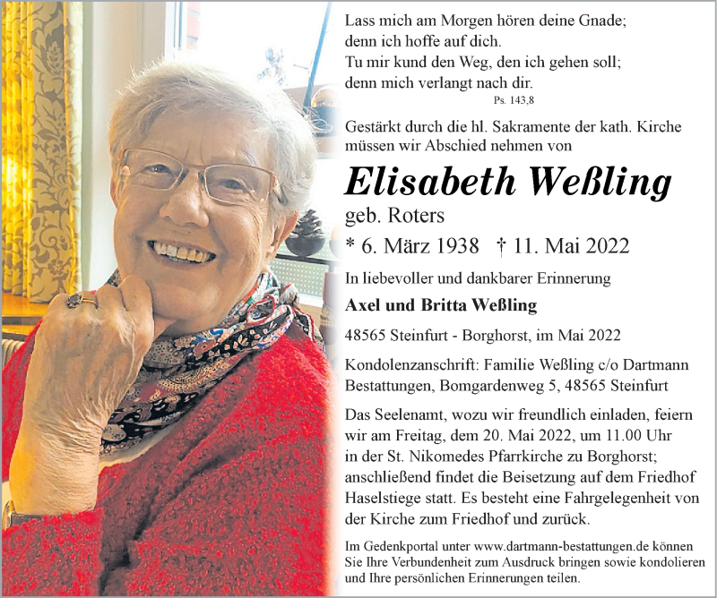  Traueranzeige für Elisabeth Weßling vom 14.05.2022 aus 