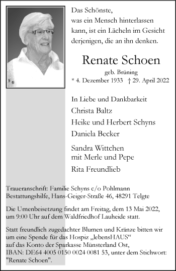 Anzeige von Renate Schoen 