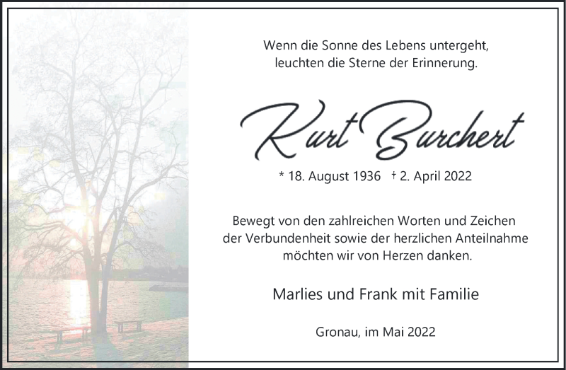  Traueranzeige für Kurt Burchert vom 07.05.2022 aus 